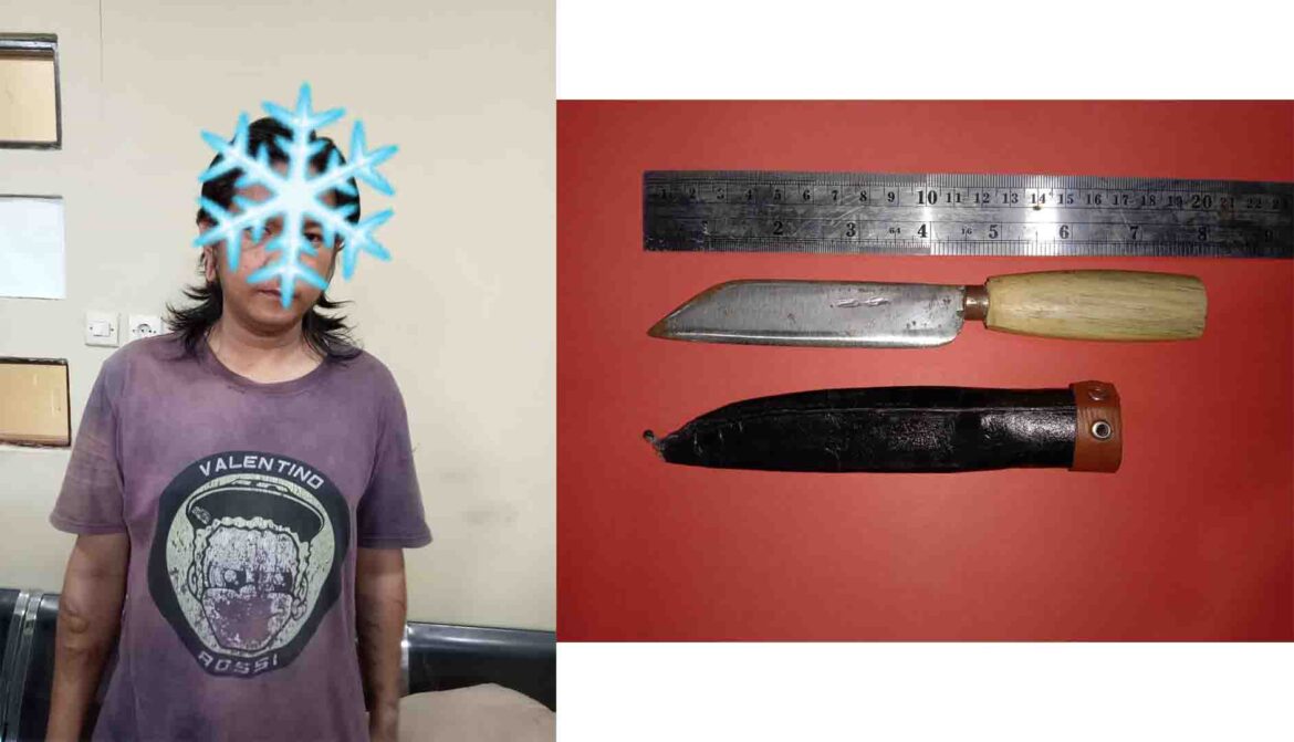PEMILIK SAJAM-Karena membawa sajam di kawasan DI Panjaitan depan Alfamart, pemuda berinsial RF alias RB ini diringkus polisi, Rabu (8/2/2023) malam. (foto:ist)