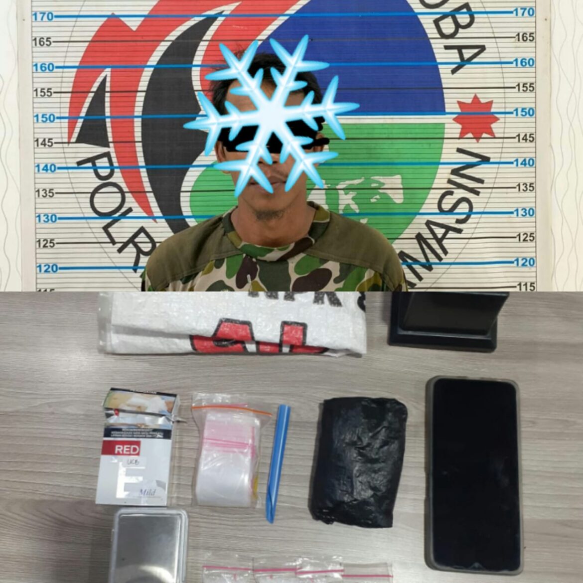 PELAKU SABU - pria berinisial SA ini kedapatan menyimpan sabu-sabu di jembaran Basirih hingga barbuk lainnya juga ada di rumahnya oleh Sat Narkoba Polresta Banjarmasin, Rabu (12/4/2023)malam. (foto:ist)