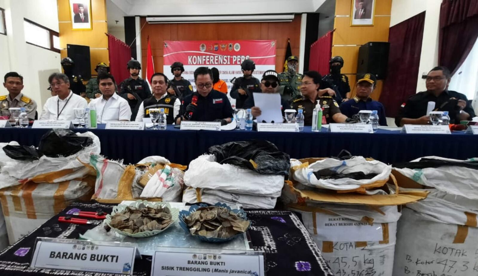 Direktur Jenderal Penegakan Hukum Lingkungan Hidup dan Kehutanan (LHK), Rasio Ridho Sani didampingi Kepala Kantor Wilayah Direktorat Jenderal Bea dan Cukai (DJBC) Kalbagsel Ronny Rosfiyandi memperlihatkan sisik Trenggiling saat konperensi pers di Kantor Bea Cukai Trisakti, Banjarmasin, Kamis (25/5). (foto : iman satria/brt).