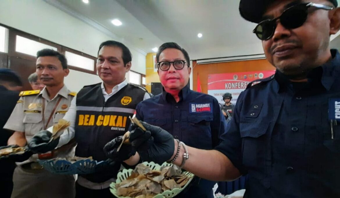 Direktur Jenderal Penegakan Hukum Lingkungan Hidup dan Kehutanan (LHK), Rasio Ridho Sani didampingi Kepala Kantor Wilayah Direktorat Jenderal Bea dan Cukai (DJBC) Kalbagsel Ronny Rosfiyandi memperlihatkan sisik Trenggiling saat konperensi pers di Kantor Bea Cukai Trisakti, Banjarmasin, Kamis (25/5). (foto : iman satria/brt).