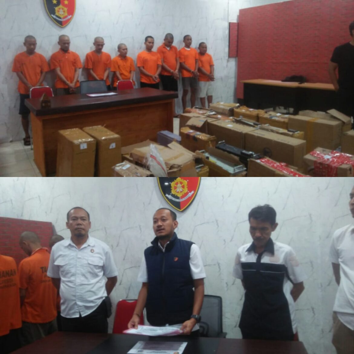 GELAR PENCURIAN--Kasat Reskrim Polresta Banjarmasin Kompol Thomas Afrian saat menggelar pelaku pencurian puluhan baterai tower BTS di lintas provinsi, Rabu (10/5/2023). (foto:sum)