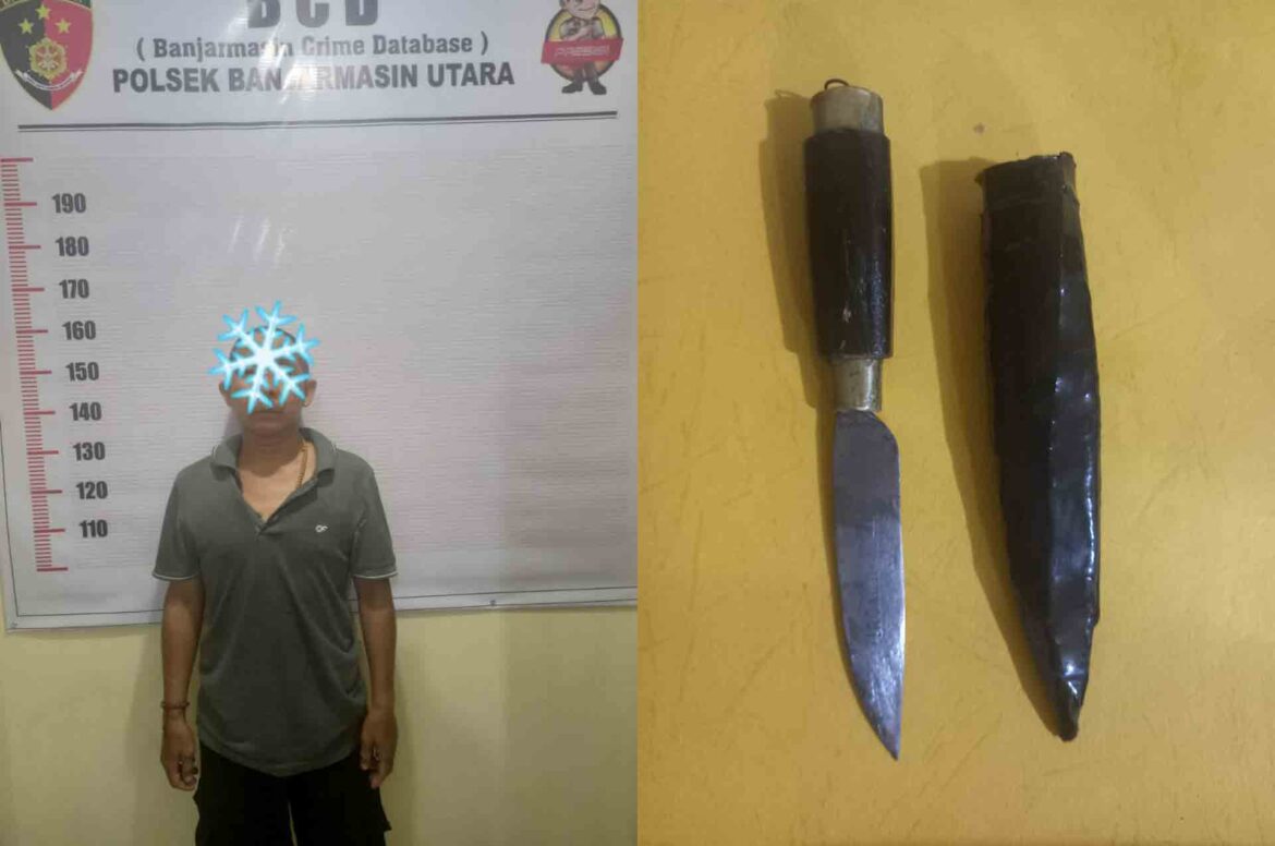 PELAKU ANIAYA-Karena nekat menganiaya tetangganya sekaligus merusak rumah di kawasan Sungai Jingah Banjarmasin, pria berinisial AS ini dibekuk pihak Reskrim Banjarmasin Utara, Sabtu (29/4/2023) malam, (ist)