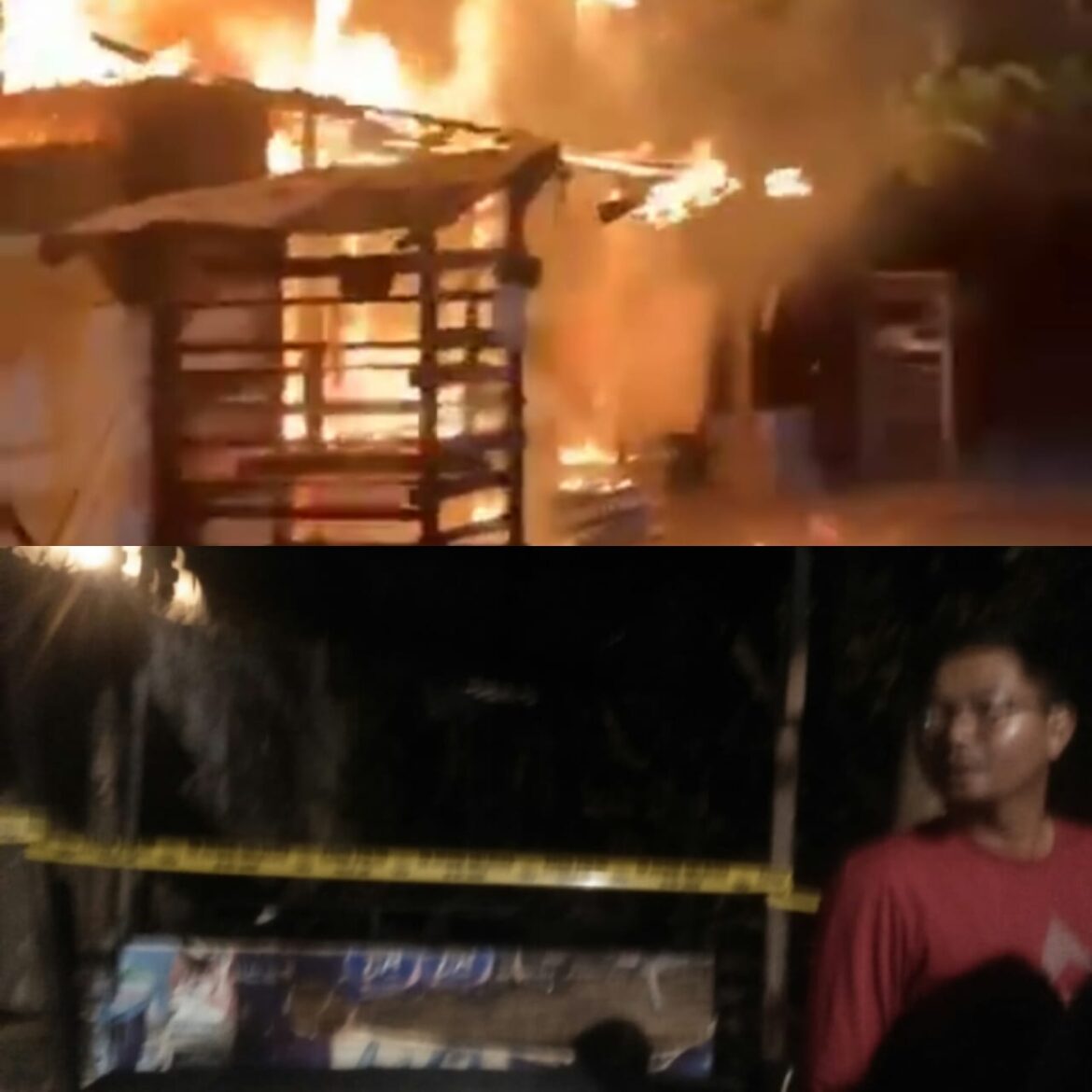 WARUNG TERBAKAR - api berkobar saat ditinggal pergi oemiknya di Jalan Gatsu VI atau seberang Gang Bawang Putih Kelurahan Kuripan Banjarmasin Timur, Rabu (26/7/2023). (foto:ist/sum)