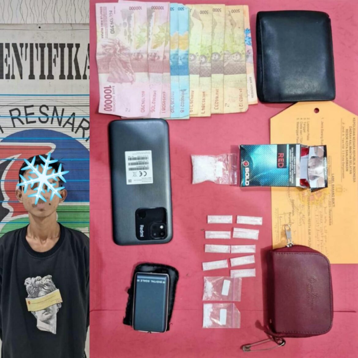 PENGEDAR SABU - pria berinisial Am ini kedapatan saat membuang Sabu-sabu berat 5 Gram lebih ke tanah saat mau diringkus di Jalan Tembus Mantuil Banjarmasin, Senin (24/7/2023) malam. (foto:ist)