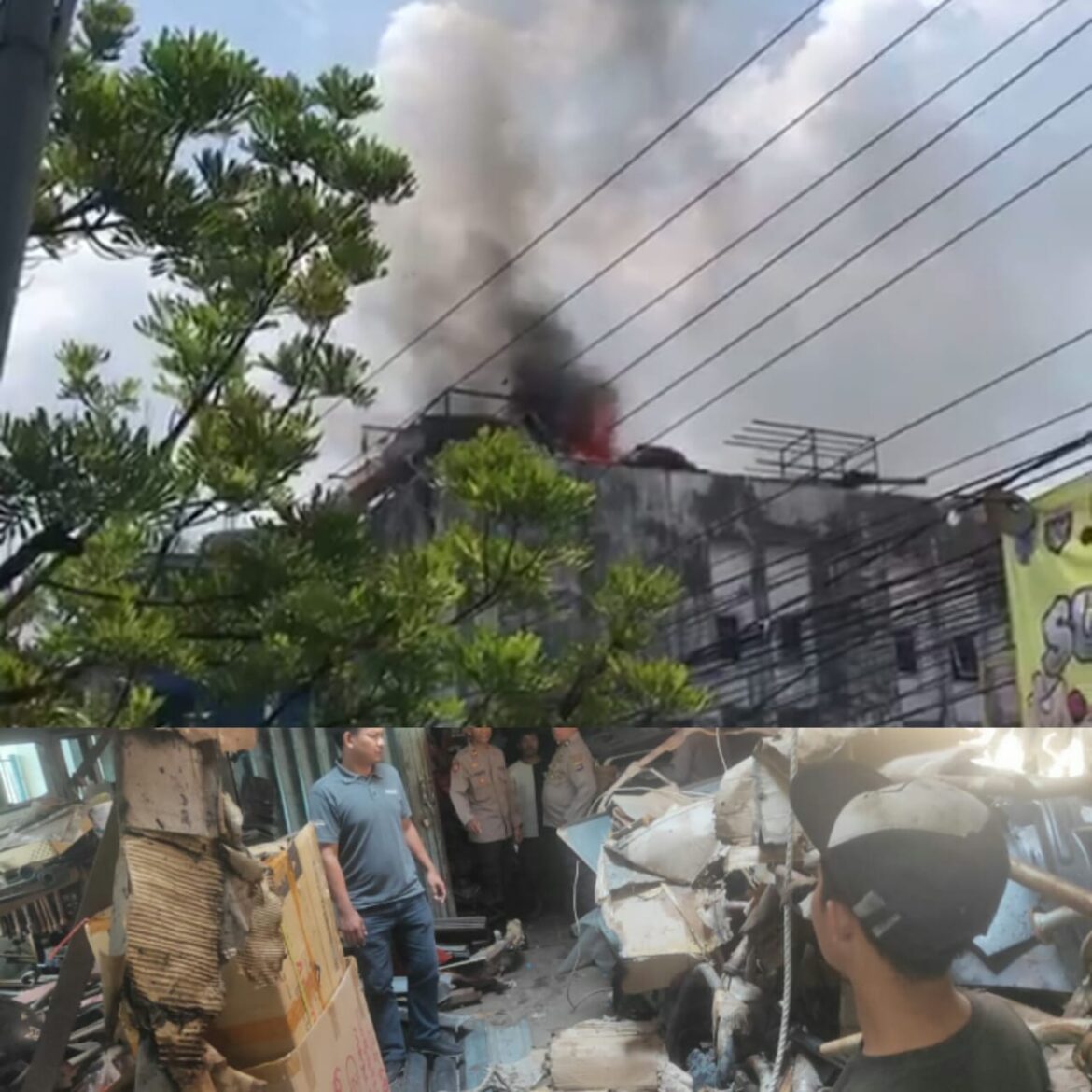 API BERKOBAR -Api berkobar di lantai empat Ruko Remaja Motor di Jalan A Yani Km 5,5 Banjarmasin, Rabu (26/7/2023) siang. (Insert) kondisi barang yang terbakar. (foto:ist)