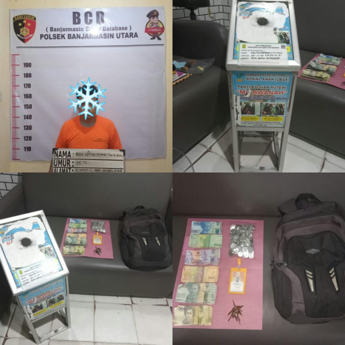 UANG PANTI - AGI pelaku pencuri uang panti pada kotak amal di mini market Jalan Brigjen H Hasan Basri ketangkap basah karyawan setempat, Jumat (14/7/2023) tadi. (foto:ist)
