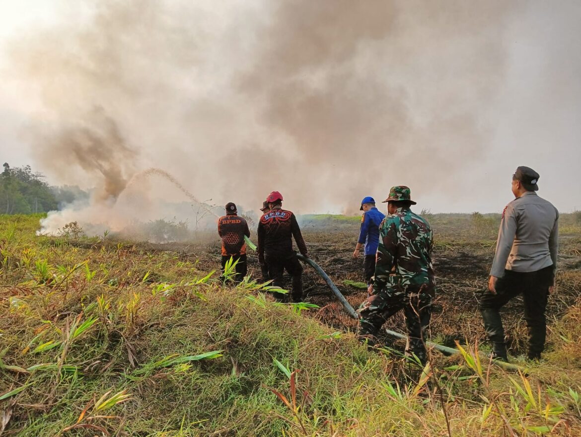 Tim Posko Gabungan saat melakukan pemadaman lahan terbakar di Desa Binjai Pirua, HST
