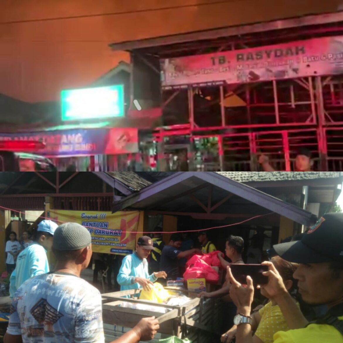 API BERKOBAR - Api saat berkobar di Gang Syukuri dan Suka Damai saat belakang Masjid Jami Kelurahan AKT Banjarmasin Utara, Jumat (21/9/2023) dinihari. Dan bantuan dari Tagana Pemprov Kalsel.(foto:ist)