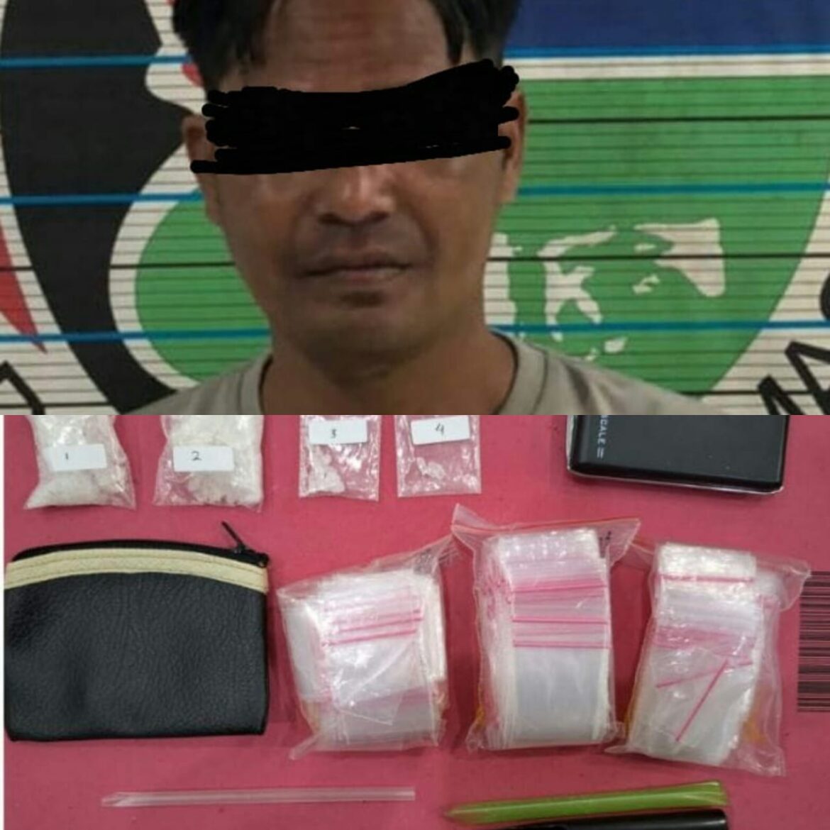 PEMILIK NARKOBA- Pelaku HD (41) bersama barang bukti miliknya usai ditangkap Sat Narkoba Polresta Banjarmasin di Alalak, Kamis (14/9/2023) sore. (foto:Ist)