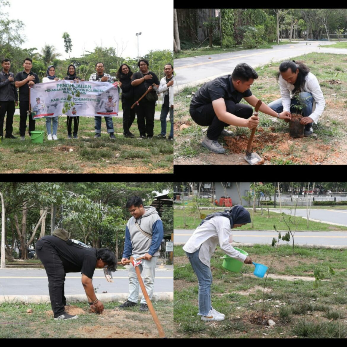 TANAM POHON - Kasi Humas Polresta Banjarmasin Ipda Airin Indria Sari Noya bersama wartawan Pressroom setempat menanam pohon di Taman Kamboja Banjarmasin, Kamis (12/10/2023) siang. (foto:ist)