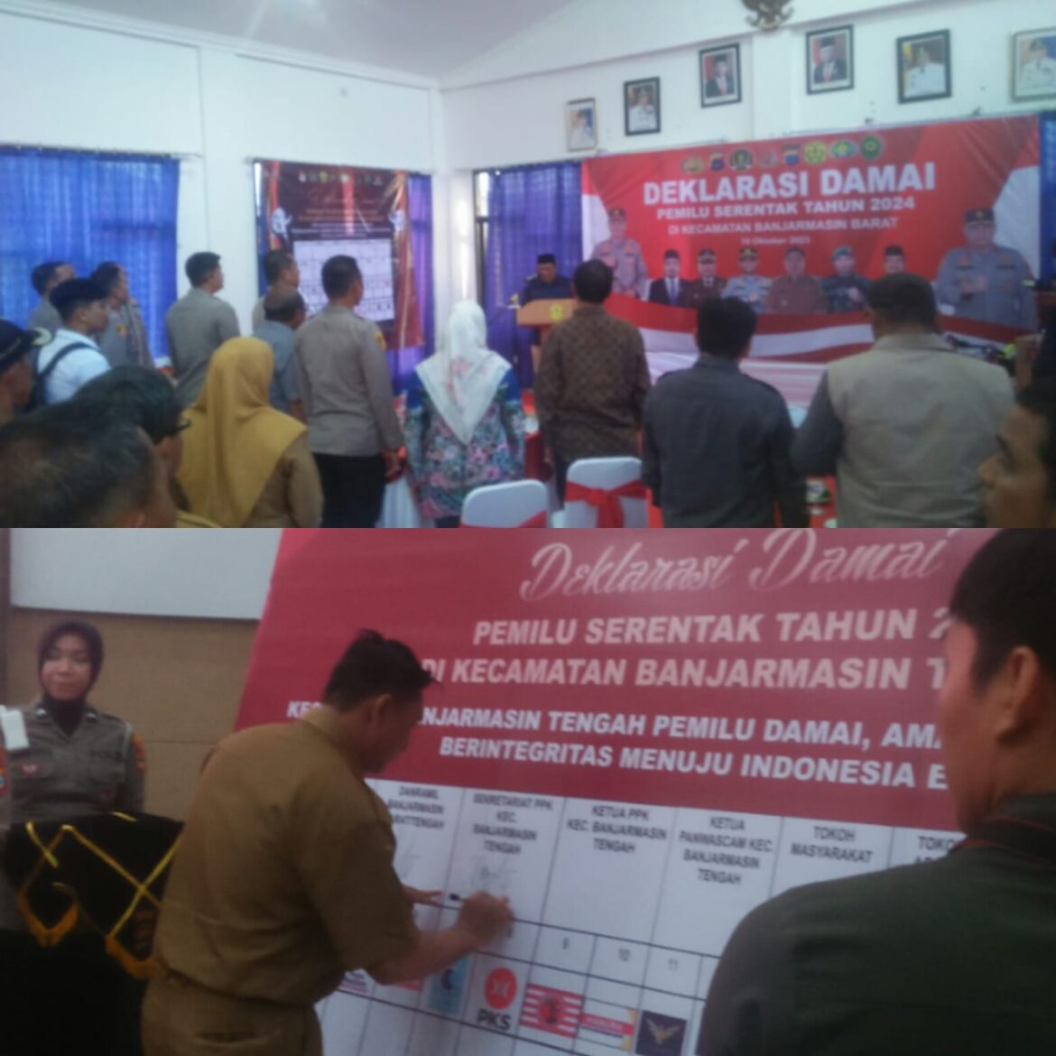 DEKLARASI DAMAI- Kapolresta Banjarmasin  Kombes Pol Sabana Atmojo menghadiri Deklarasi Pemilu Damai 2024 di Kecamatan Banjarmasin Selatan, Tengah dan Barat, dari pagi hingga sore. Nampak Deklarasi di Kelurahan Telawang Banjarmasin Barat dan tandangan salah satu pihak terkait di Hotel Aria Barito Banjarmasin Tengah, Selasa (10/10/2023). (foto:sum/brt)