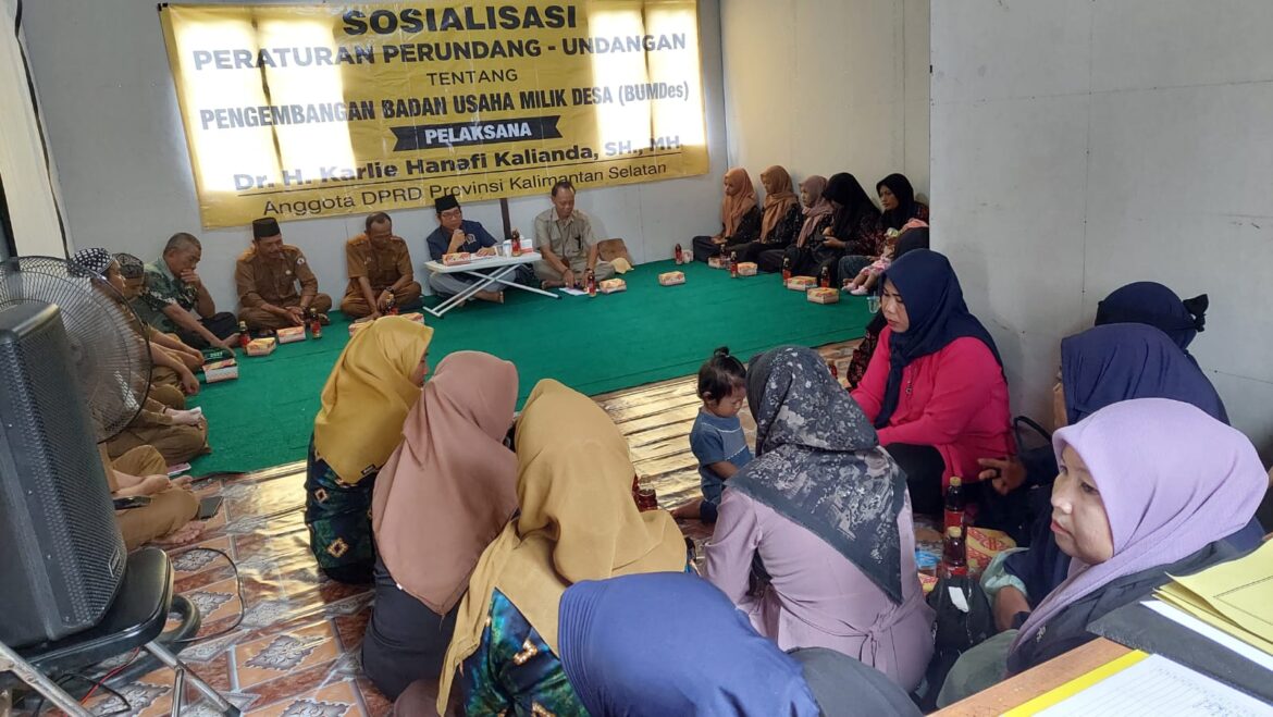 Anggota Komisi II DPRD Provinsi Kalsel Dr H Karlie Hanafi Kalianda, SH MH saat menyampaikan materi Sosialisasi Peraturan Perundang-undangan tentang Pengembangan Badan Usaha Milik Desa (BUMDes) di Desa Sinar Baru Kecamatan Rantau Badauh Kabupaten Batola, Senin (20/11/2023).(foto : ist)