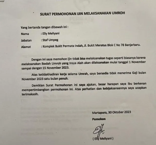 Surat Permohonan Ijin Elly Meliyani Staff Bagian Umum dan Kepegawaian (Umpeg) Disdik Banjar (foto:istimewa)