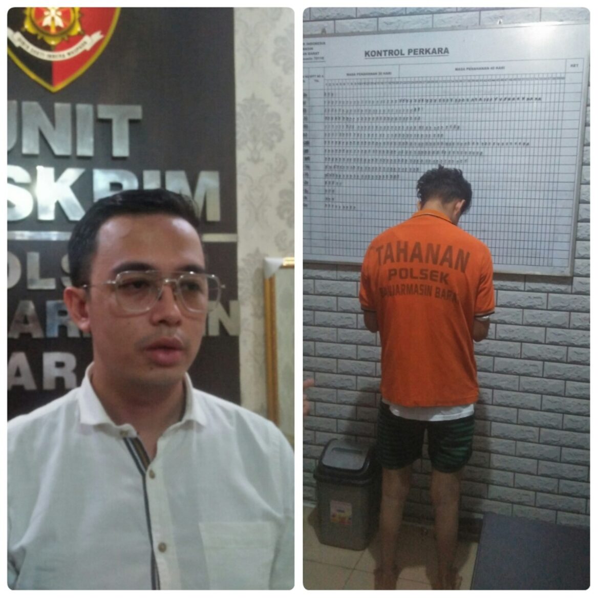 PELAKU ANIYA – Kapolsek Banjarmasin Barat Kompol Aris Munandar melalui Kanit Reskrim Iptu Firuza Bahri Wira Wardana saat menggelar kasus penganiayaan dengan pelaku berinsial AN menggunakan sajam, Senin (22/1/2024) siang. (foto:sum)
