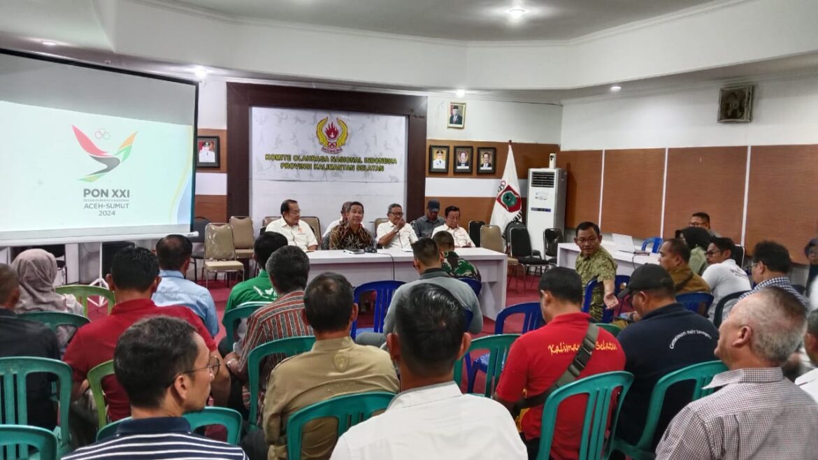 Rapat KONI Kalsel dengan cabor menuju PON XXI 2024 Aceh-Medan, Senin (29/1/2024) di Sekretariat KONI Kalsel, Banjarmasin. (foto: ist/brt)