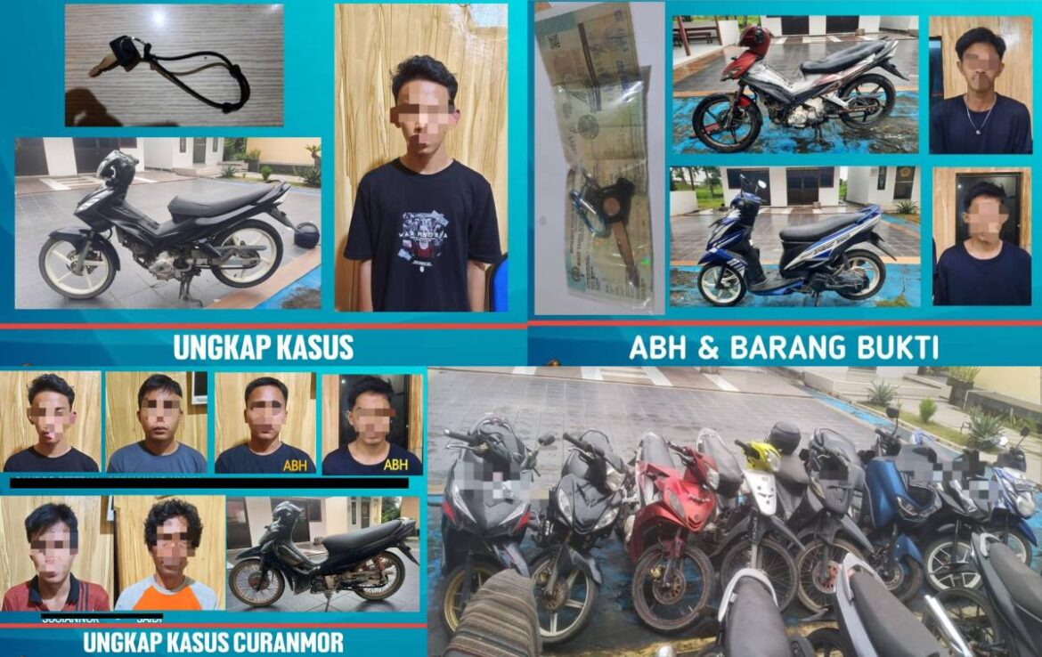 SINDIKAT CURANMOR – Polsek Gambut berhasil mengunglap kasus curanmor yang melibatkan beberapa pelajar, termasuk meringkus dua penadahnya, Selasa (2/1/2024). (foto:ist)