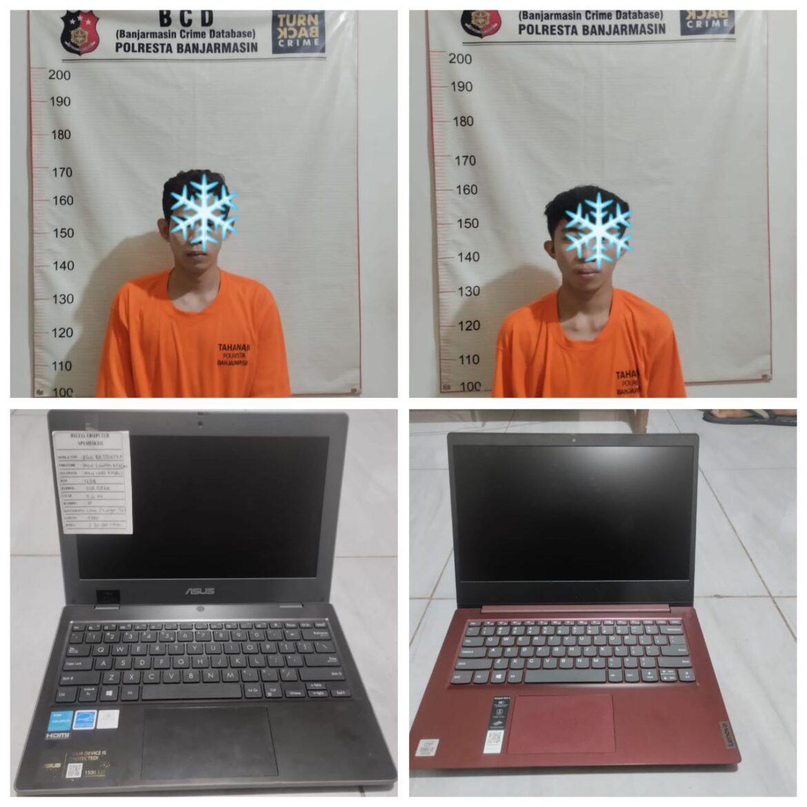 PENCURI LAPTOP - Dua pencuri Laptop berinisial AR dan SD usai ditangkap pihak Polsek Banjarmasin Timur, setelah dua minggu beraksi di SMPN 16 Jalan Simpang Limau Kelurahan Sungai Lulut, Selasa (30/4/2024) dinihari. (foto:ist)