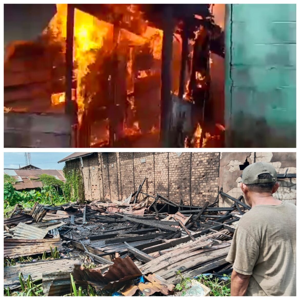 API BERKOBAR - Warga Flamboyan 3 dekat PT Wijaya Tri Utama Plywood (WTUP) digegerkan dengan peristiwa kebakaran rumah kosong tanpa listrik dan leseng, Selasa (21/5/2024) siang. (foto:ist/sum)