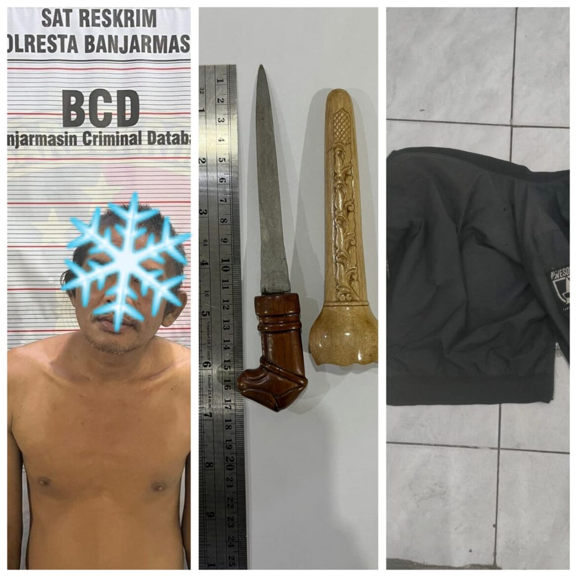PENCURI PONSEL - Pelaku pencuri ponsel berinisial HR (40) ini dibekuk di rumahnya di Jalan Banua Anyar, setelah beraksi melakukan aksi curat dengan ancaman sajam, Selasa (7/5/2024)