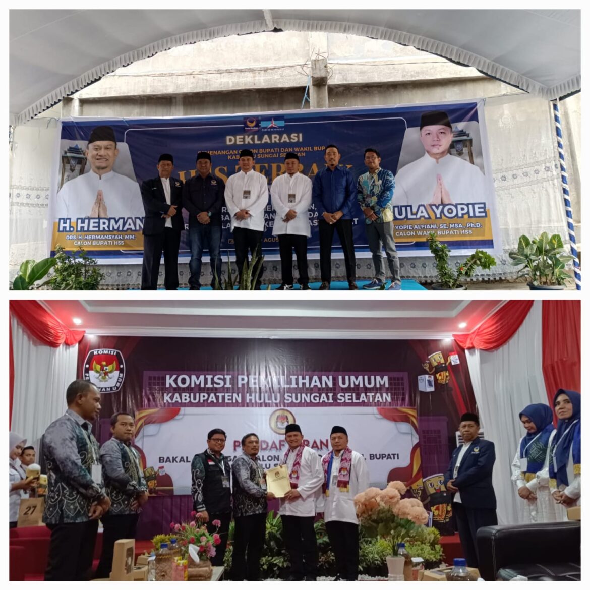 Paslon Hermansyah-Yopie deklarasi dengan partai pengusung, setelah itu mendaftar ke KPU HSS.(foto : ida/brt)