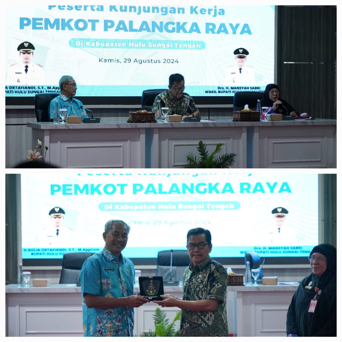 Wakil Bupati HST H Mansyah Sabri menerima kunjungan sekaligus pemberian plakat dari Pemkot Palangkaraya.(foto : yufanata/brt)