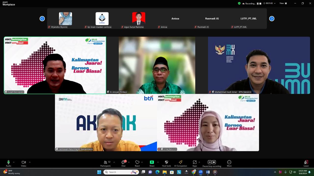 SAPA PEKERJA - BPJS Ketenagakerjaan Kantor Cabang Batulicin juga mengadakan dengan tajuk "SAPA PEKERJA" melalui Zoom Meeting bersama Dinas Perumahan Rakyat Kawasan Permukiman dan Pertanahan Kabupaten Tanbu dan Bank Tabungan Negara (BTN) Tanbu pada Jumat (6/9/2024).(foto : ist)