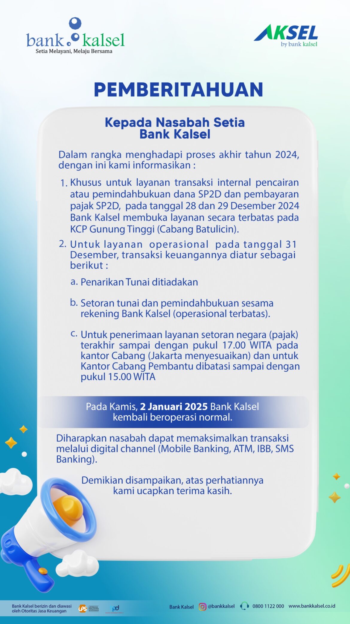 Pemberitahuan Bank Kalsel untuk Nasabah (foto:istimewa)