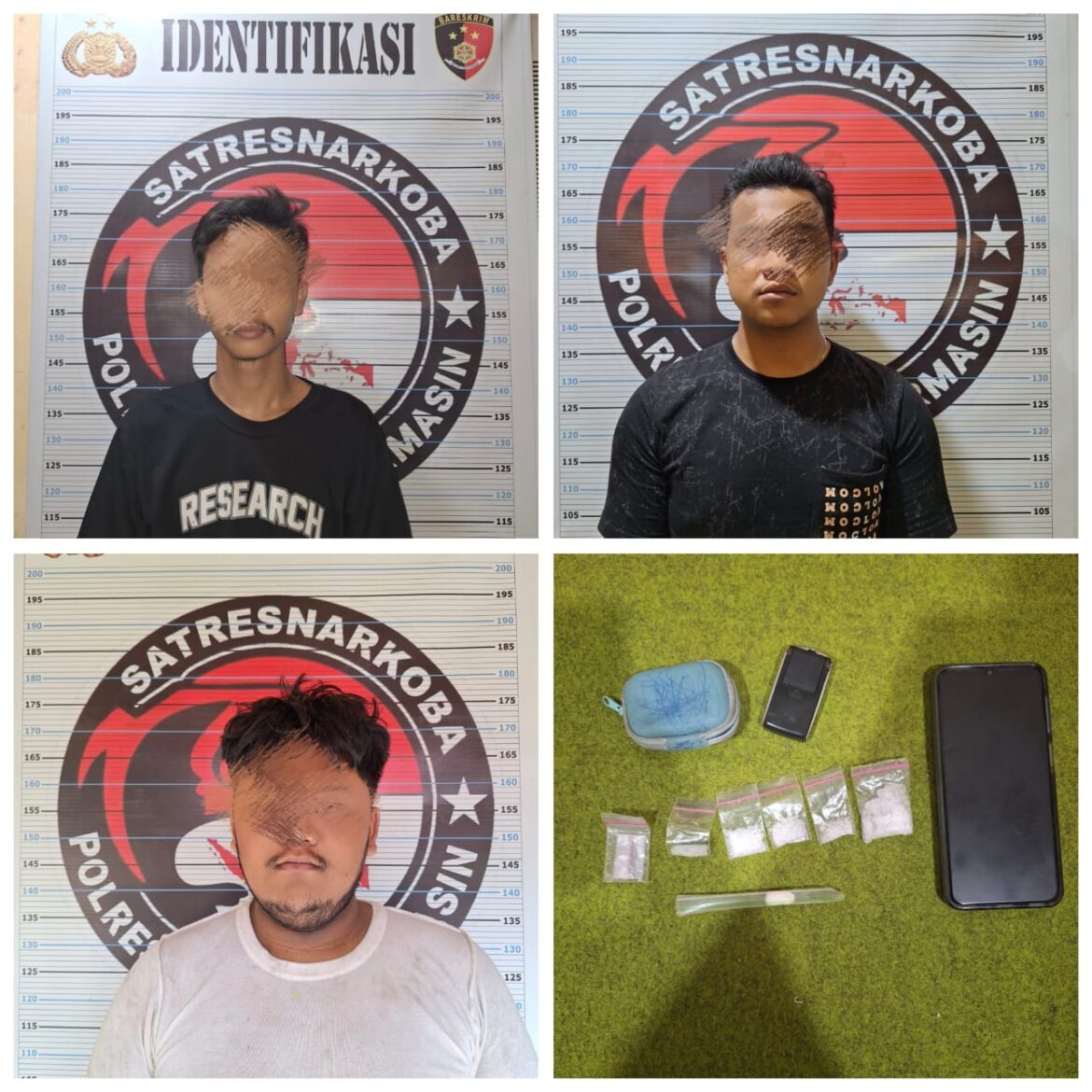 Tiga pelaku narkoba jenis sabu-sabu digerebek Polsek Banjarmasin Selatan, Rabu (12/3/2025) malam. (Foto: Istimewa)