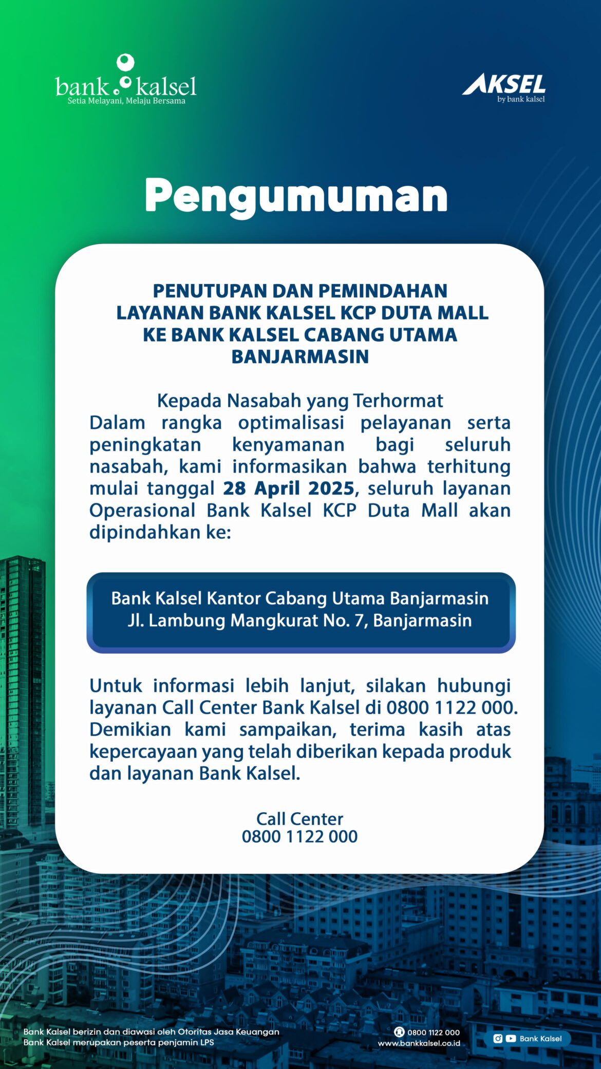 Layanan KCP Duta Mall Dialihkan ke Kantor Cabang Utama Bank Kalsel
