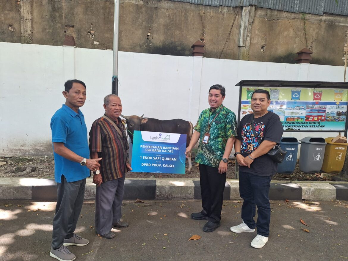 Perwakilan CSR Bank Kalsel secara simbolis menyerahkan sapi kurban yang diterima Ketua Press Room DPRD Provinsi Kalsel Ipik Gandamana didampingi Penasehat Press Room DPRD Provinsi Kalsel H Syamsudin Hasan dan Ketua Panitia Kurban Rudy Setiawan.(foto : ist)