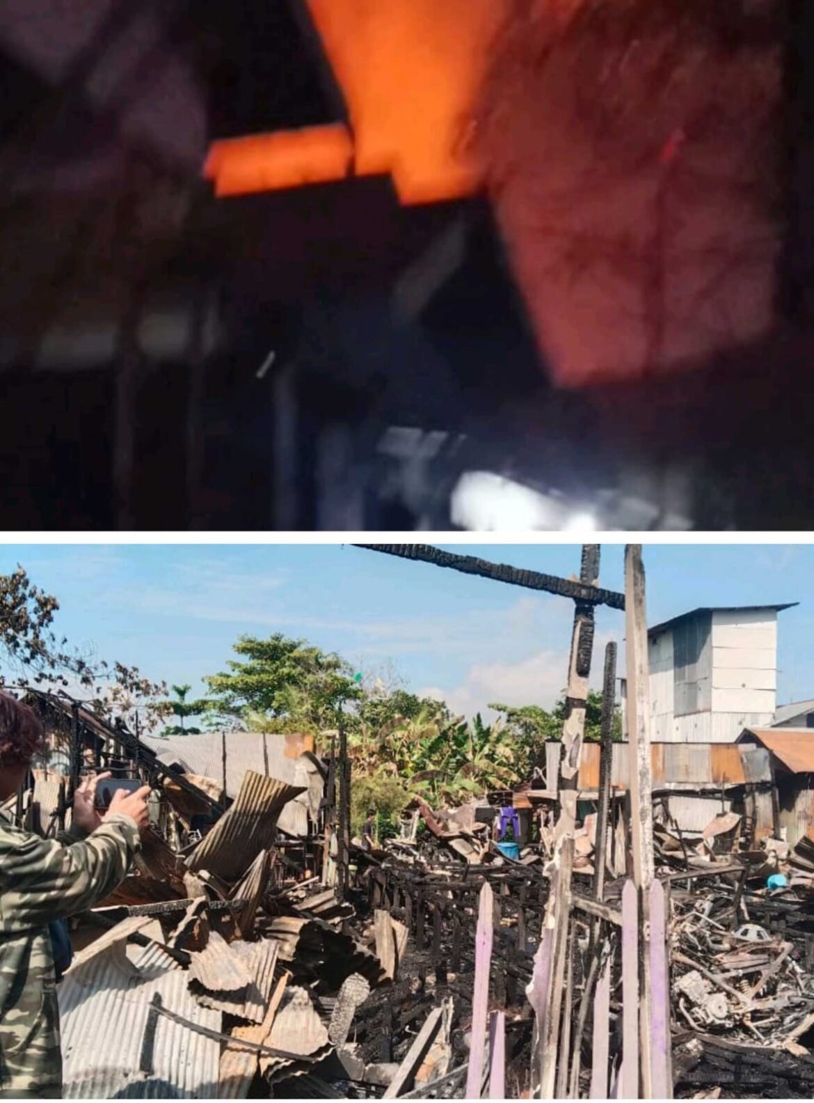 Kobaran api dan puing sisa kebakaran yang kembali mengamuk di Gang Nuruddin dan Gang Sekata, Pelambuan, Banjarmasin Barat, Senin (11/8/2025) dinihari. (Istimewa)