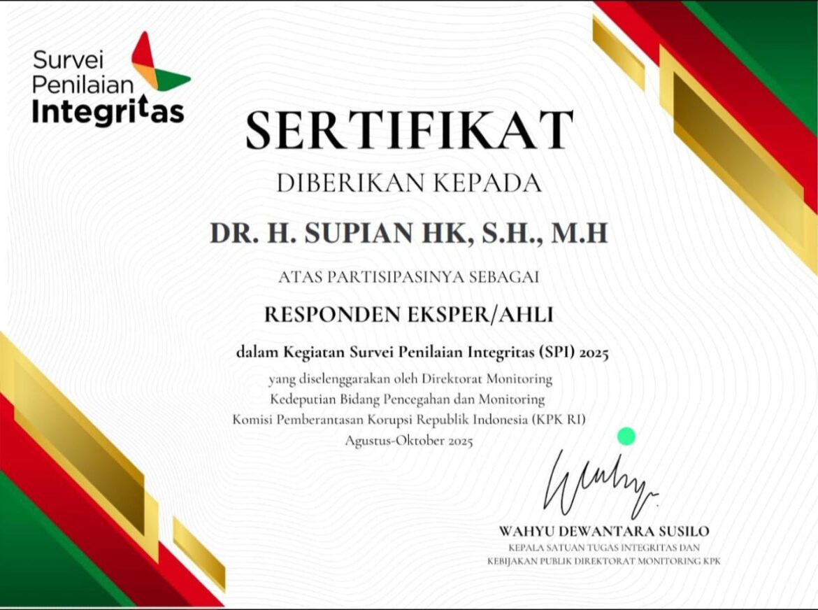 Inilah sertifikat yang diterima Ketua DPRD Provinsi Kalsel Dr (HC) H Supian HK, SH, MH dari KPK RI sebagai responden ahli saat Survei Penilaian Integritas (SPI) Tahun 2025.(foto : ist)