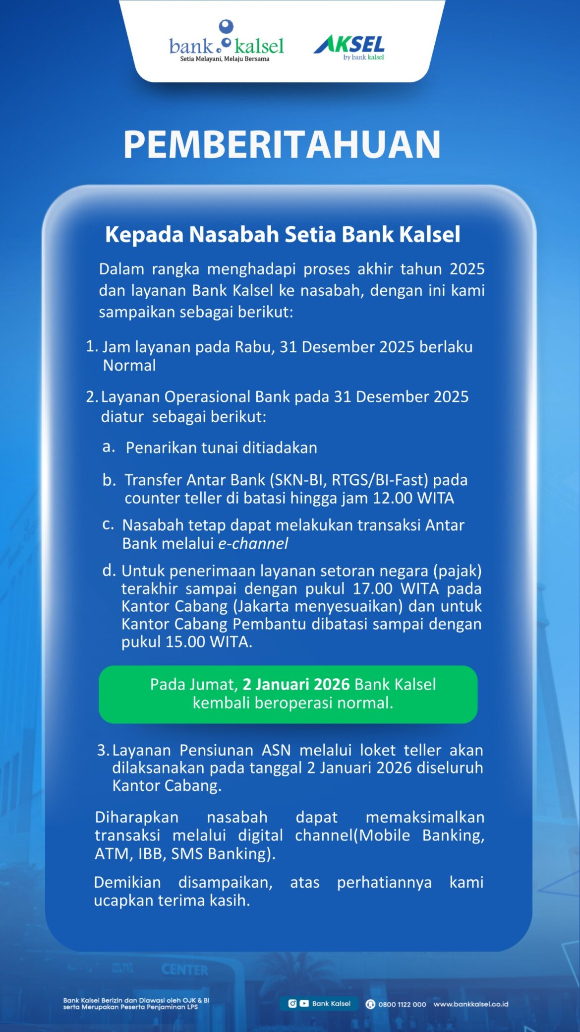 Bank Kalsel Kembali Beroperasi Normal pada 2 Januari 2026