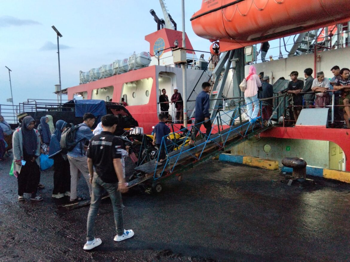 PARA PEMUDIK-Para pemudik saat naik ke atas Kapal Budi Utomo di Pelabuhan Pelaihari Kecamatan Jorong Kabupaten Tala.(foto : ardian/brt)