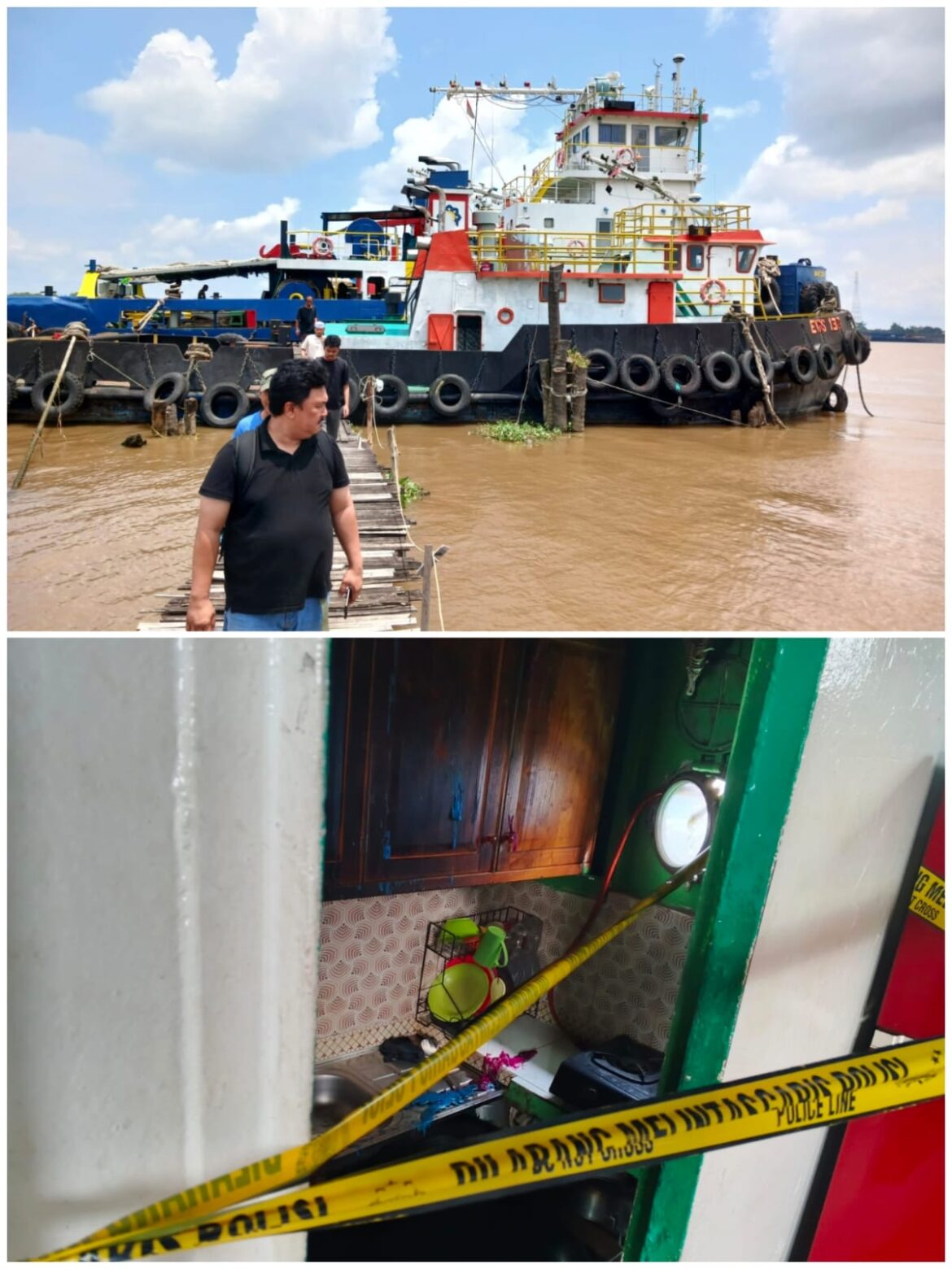 GAS MELEDAK - Diduga tabung gas meledak di TB Kapal Ewis 138, penjaga kapal alami luka bakar di tepian Sungai Barito Banjarmasin, Kamis (26/3/2026) sore. (foto: istimewa)