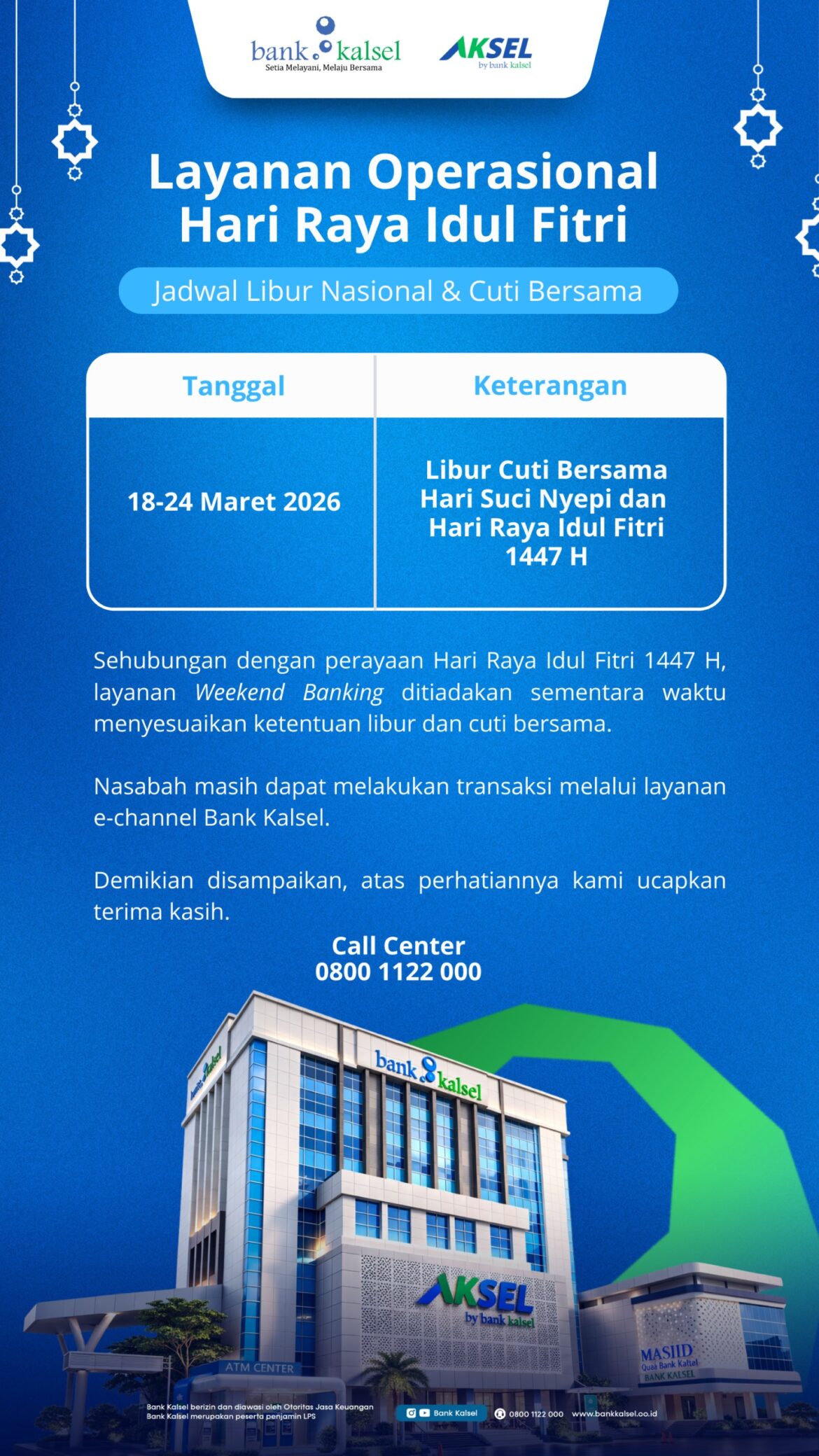 Pengumuman Resmi Bank Kalsel untuk Layanan Operasional Idul Fitri 2026