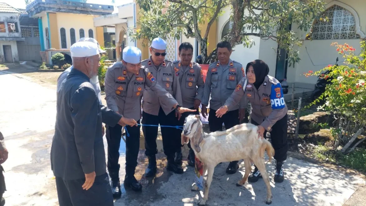 SERAHKAN KAMBING - Kapolsek Banjarmasin Timur, AKP Morris Widhi Harto saat menyerahkan satu ekor kambing kepada Ketua Panitia Haul, Ust H Ahmad Nida Lukman, di Masjid Al Amin Banua Anyar. (foto: istimewa)